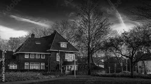 Fototapeta Naklejka Na Ścianę i Meble -  houses in Eindhoven countryside dramatic sky and bnw effect 