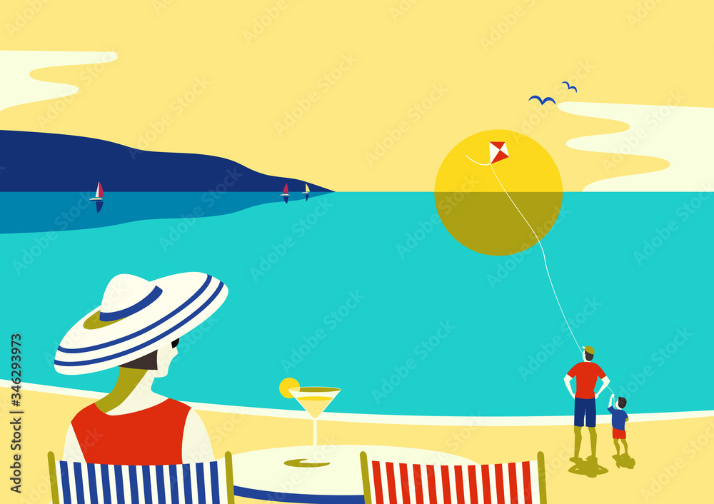 Fototapeta premium Family seaside leisure relax on beach flat vector