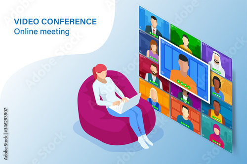 Isometric video conference. Online meeting work form home. Home office. Multiethnic business team. Stay at home and work from home concept during Coronavirus pandemic.