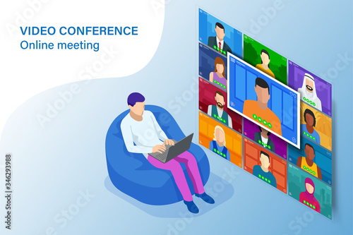 Isometric video conference. Online meeting work form home. Home office. Multiethnic business team. Stay at home and work from home concept during Coronavirus pandemic.