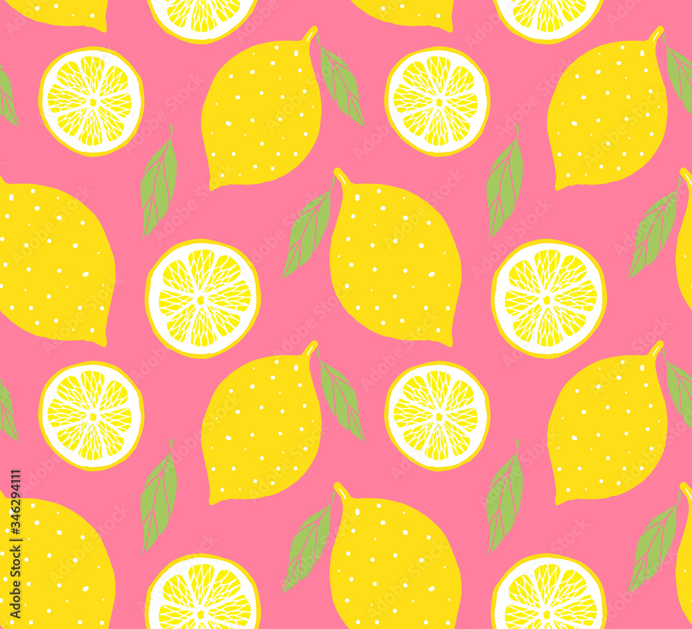 Vector seamless pattern of yellow colored hand drawn doodle sketch lemon isolated on pink background
