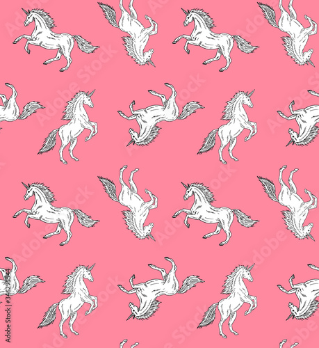 Vector seamless pattern of hand drawn doodle sketch white unicorn isolated on pink background