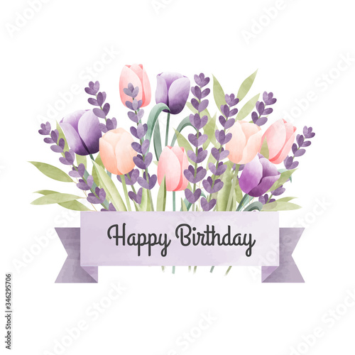 Watercolor floral bouquet. Birthday card