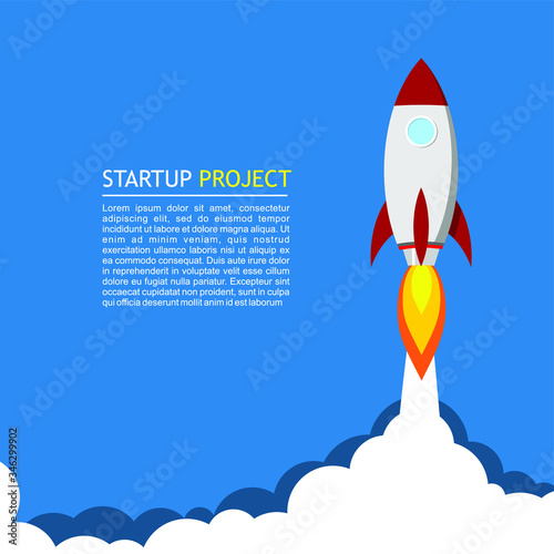 
illustration for startup. A rocket takes off from the launch base into the infinite sky and space