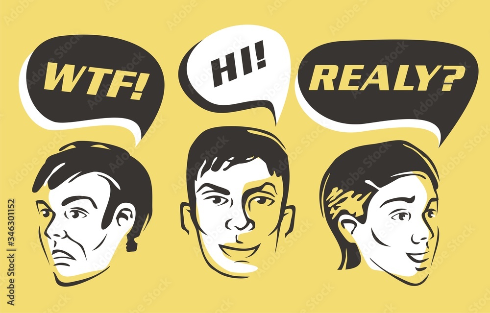 Set of comics style characters with speech bubbles and different emotions and facial expressions. Vector cartoon people portraits. Man graphic. Set of comics style characters with speech bubbles and different emotions and facial expressions. Vector cartoon people portraits. Man graphic.