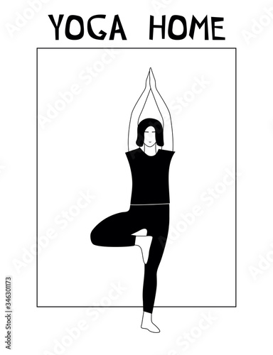 Woman doing yoga at home. Illustration with pose Tree Pose, Vrikshasana.
