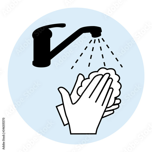 Washing hands with soap. Covid-19 prevention. Black and blue round icon illustration.