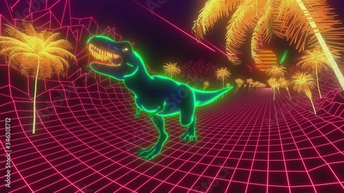 Tyrannosaurus walking loop animation. Neon dinosaur 3d render. Retrowave style