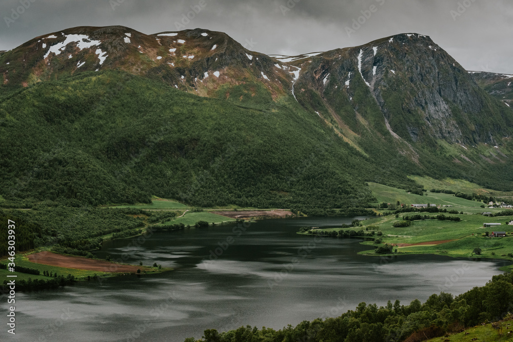 mountain landscape with lake and mountains