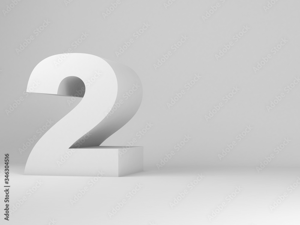 White digit two installation in an empty studio room, 3d White digit two installation in an empty studio room, 3d