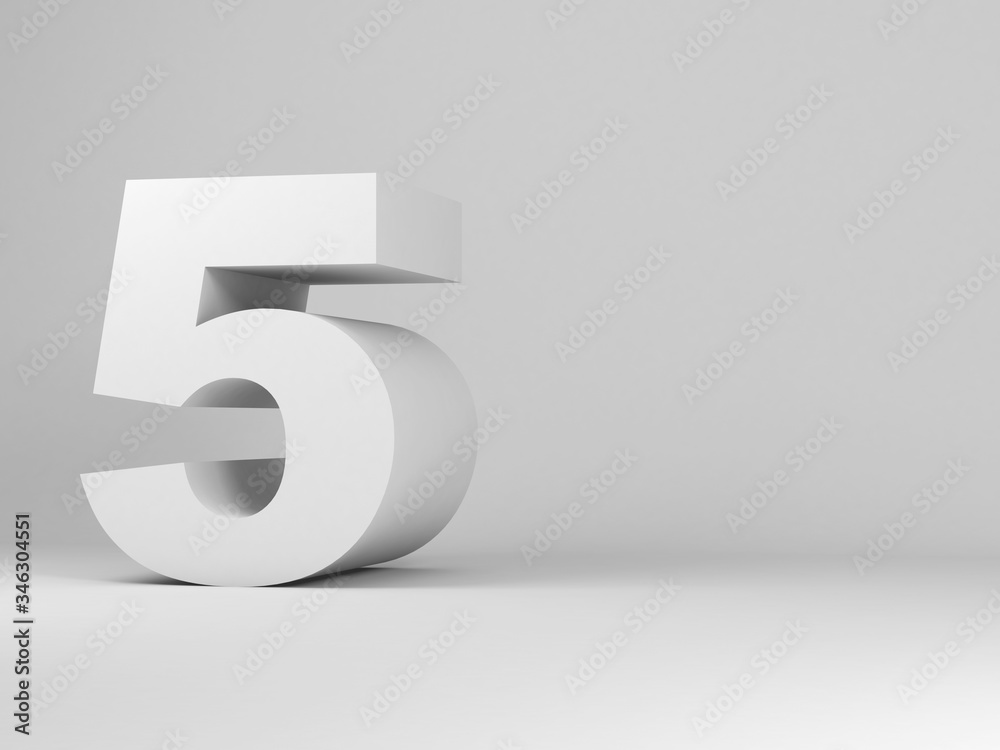 White digit five installation in an empty studio room, 3d White digit five installation in an empty studio room, 3d