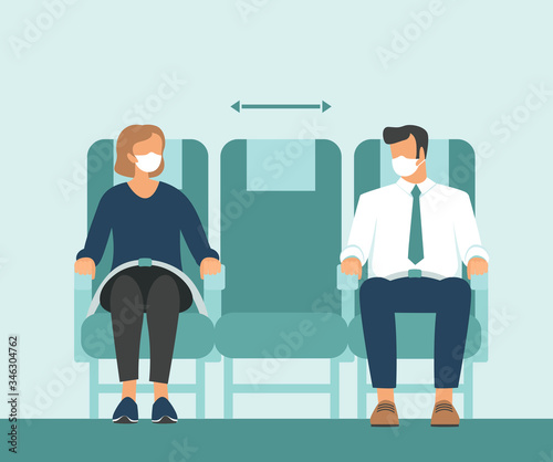 Passengers wearing protective medical masks travel by airplane. New seating regulations on flights. Travel during coronavirus COVID-19 disease outbreak.