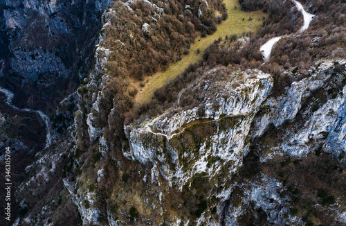 Aerial view of Vikos Gorge, a gorge in the Pindus Mountains of northern Greece, lying on the southern slopes of Mount Tymfi, one of the deepest gorges in the world. Zagori region, Greece