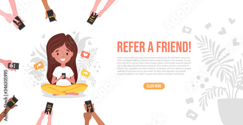 Refer a friend loyalty program, promotion method. Landing page concept of referral marketing. Girl sitting in lotus and refers friends, the hands holding smartphone. Modern flat vector illustration.