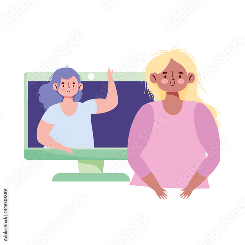people creativity and technology, girls with computer greeting chat