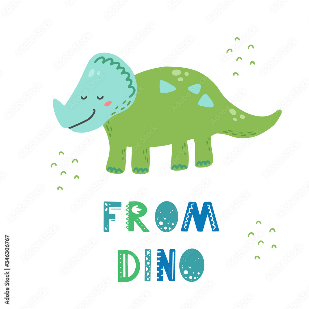 Fototapeta premium Cute dinosaur for kids, baby t-shirt, greeting card design. Funny little dino of hand drawn style. Vector illustration of dinosaur isolated on background.