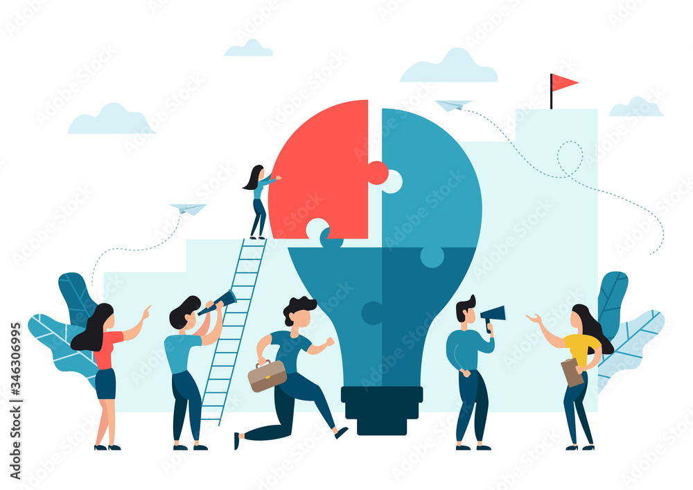 People connecting puzzle elements to build a light bulb. Vector illustration business concept. Team metaphor flat design style. Symbol of teamwork, cooperation, partnership for idea and success.