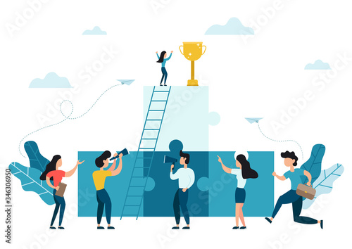 Business concept. Team metaphor. People working on their role with business woman cheering up by big gold trophy on the puzzle elements. Symbol of succes of teamwork, cooperation and partnership.