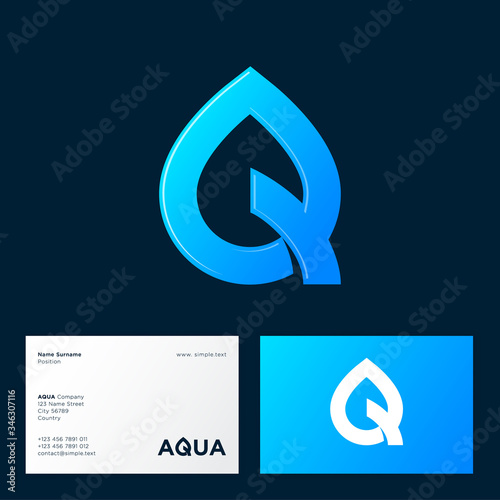 Aqua logo. Spa therapy emblem. Letter Q like a drop of water. Identity. Emblem for cosmetics or clothes for swimming. Spa or water club. Business card.