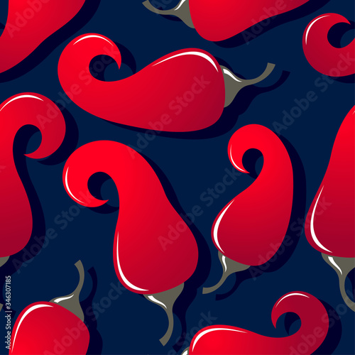 Seamless pattern. Beautiful bright red chilli peppers on a deep blue background. Pattern for wallpaper, textile or wrapping pattern.