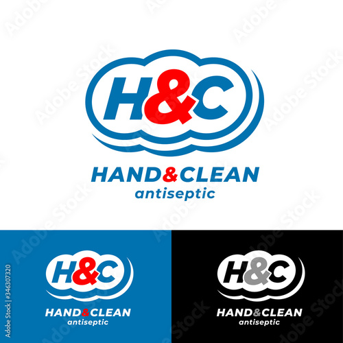 Hand and Clean. H & C monogram into rounded badge like clean cloud. Hand antiseptic medicine product. Logo and Label for antibacterial sanitizer gel. 