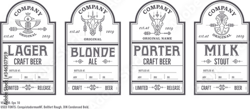 Beer bottle labels with vintage retro design, black on white. Home brewing