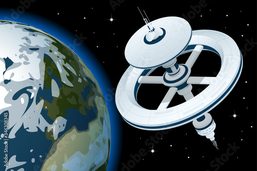 Fototapeta Naklejka Na Ścianę i Meble -  International Space Station Orbiting Earth. Isometric space station with multiple gravitational wheels.