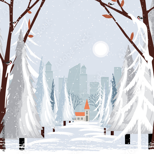 Panorama city in winter holidays landscape, Christmas and new year celebrated with cityscape background,Vector flat of horizontal banner winter wonderland in the town.