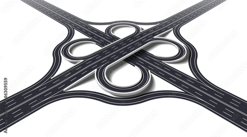 Cloverleaf interchange two level perspective. 3D four way interchange with loop ramps, underpass and overpass. Detailed interchange isolated on white background. Vector Illustration Cloverleaf interchange two level perspective. 3D four way interchange with loop ramps, underpass and overpass. Detailed interchange isolated on white background. Vector Illustration
