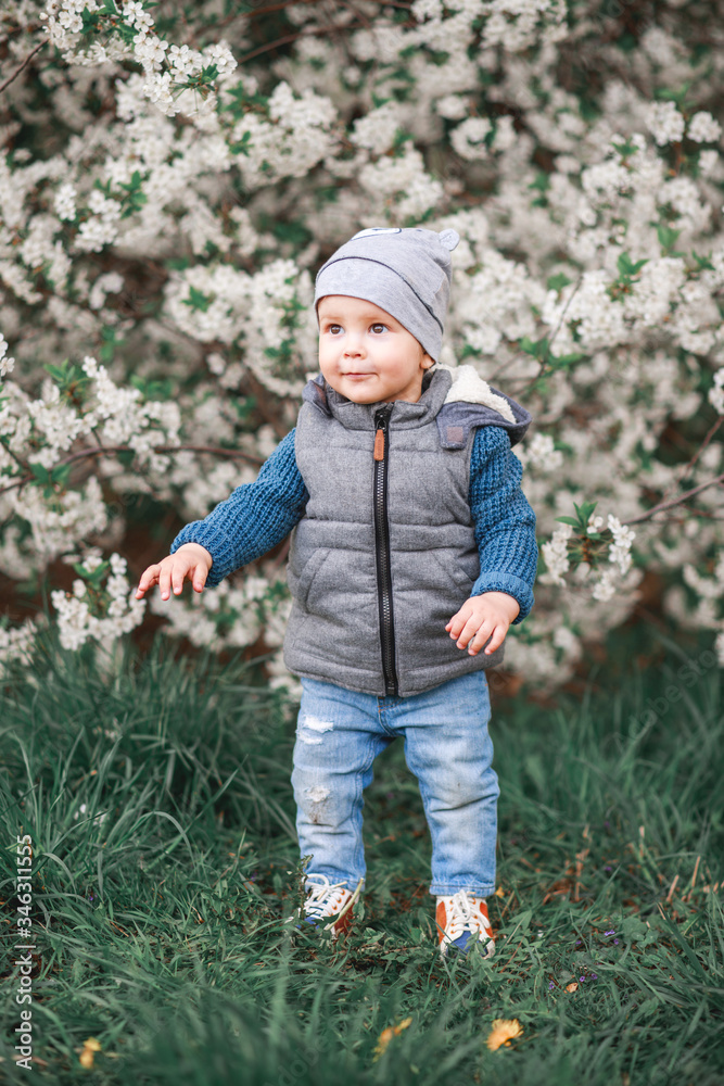 A boy walks in the garden with flowering trees. A boy walks in the garden with flowering trees.
