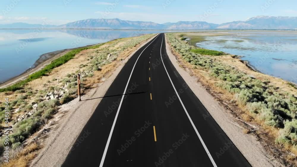 Aerial view of the Antelope Island Rd at the Great Salt Lake, Utah, USA Aerial view of the Antelope Island Rd at the Great Salt Lake, Utah, USA