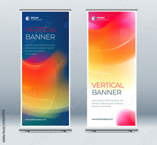 Roll Up banner stand presentation concept. Corporate business roll up template background. Vertical template billboard, banner stand or flag design layout. Poster for conference, forum, shop