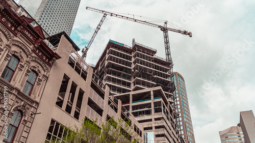 Construction and cranes on buildings in downtown Houston, Texas