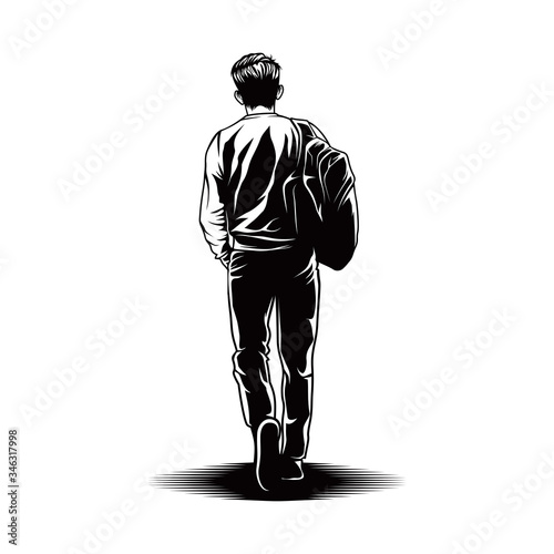 Man walk with bag view back vector