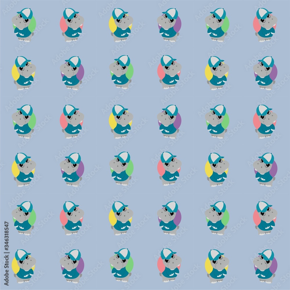 Hippopotamus Wears a Blue Hat and Shirt Cartoon Cute Illustration, Cartoon Funny Character, Pattern Wallpaper Hippopotamus Wears a Blue Hat and Shirt Cartoon Cute Illustration, Cartoon Funny Character, Pattern Wallpaper