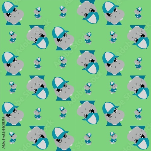 Fototapeta Naklejka Na Ścianę i Meble -  Hippopotamus Wears a Blue Hat and Shirt Cartoon Cute Illustration, Cartoon Funny Character, Pattern Wallpaper 