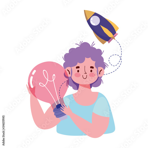 people creativity and technology,boy with light bulb idea cartoon