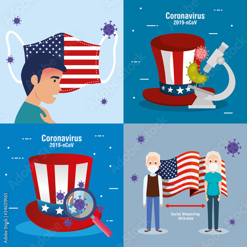 usa flag and map in set covid19 icons vector illustration design