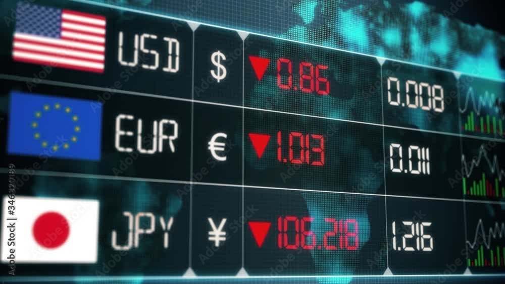 Evolution of currencies in the world market with up and downs of Japanese Yen, Euro, US dollar. Currency market with green and red digital animation of prices in financial and ecomonic crisis