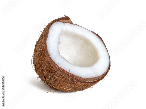 Half of a coconut close up on a white background