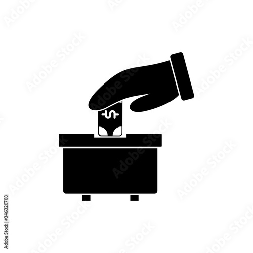 Donation on box glyph icon design. Caring people illustration design. Gesture hand with money donation sign symbol. Black glyph vector icon.