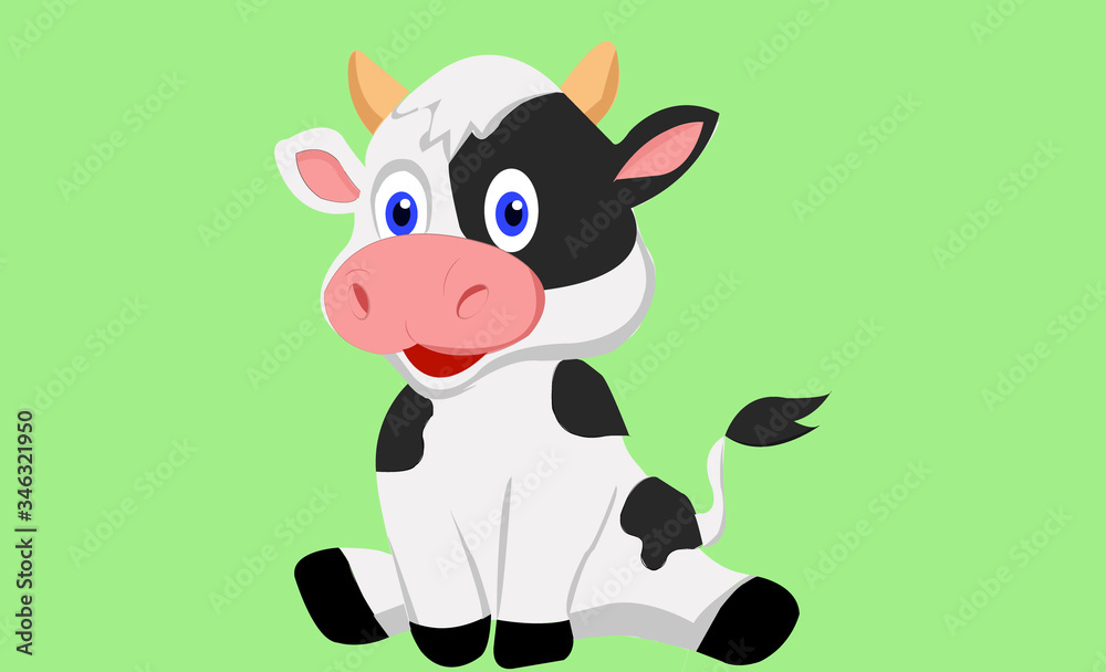 Illustration cow type cartoon on green background.