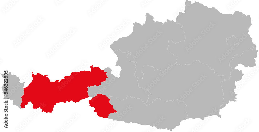 Tyrol province highlighted on Austria map. Light gray background.