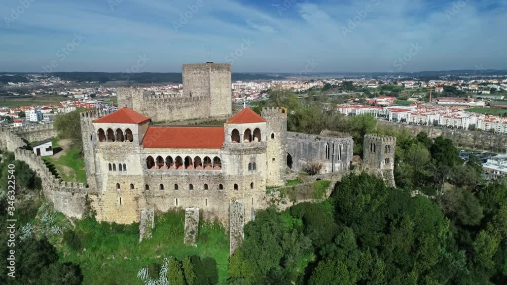 Aerial around view on Medieval Templar Knights Castle built on top of a hill, Leiria, Portugal, 4k Aerial around view on Medieval Templar Knights Castle built on top of a hill, Leiria, Portugal, 4k
