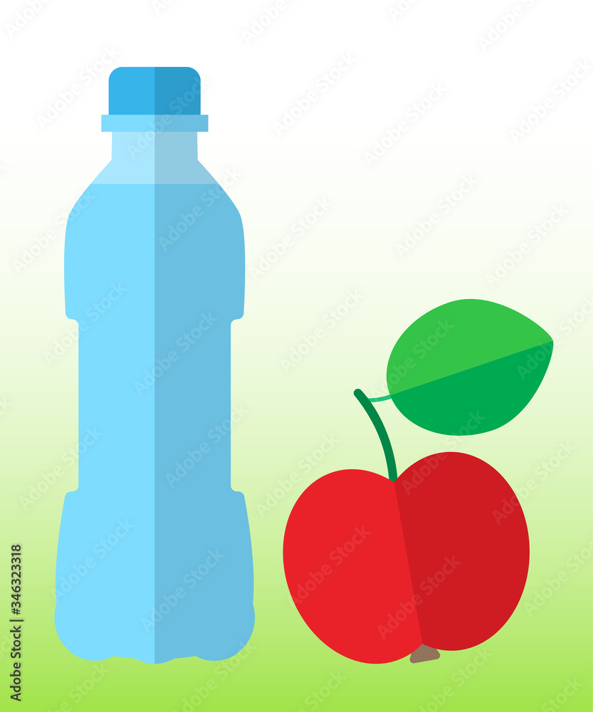 Pure drinking spring water in a bottle and a juicy red apple are a symbol of a healthy lifestyle and good nutrition Pure drinking spring water in a bottle and a juicy red apple are a symbol of a healthy lifestyle and good nutrition