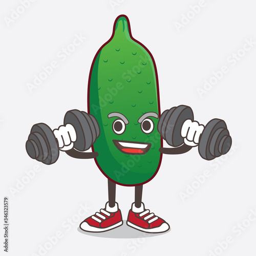 Finger Lime cartoon mascot character on fitness exercise trying barbells