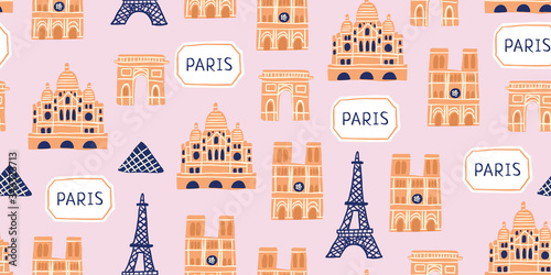 seamless pattern- tourist paris landmarks - louvre