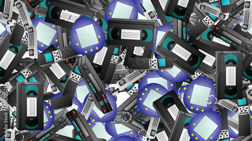 Seamless pattern of retro old hipster electronic devices technology computers cassettes tape recorders mobile phones from the 70s, 80s, 90s, 2000s, background