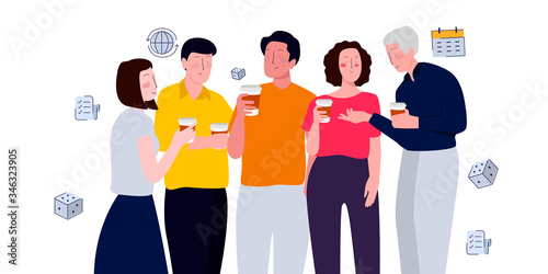 coffee break people holding drink coffee in a cup chatting talking with friends and colleagues. modern style cartoon illustration concept