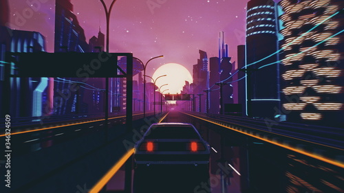 Retro-futuristic 80s style drive in neon city. Cyberpunk sunset landscape with a moving car on a highway road. VJ synthwave looping 3D illustration for music video. 4K stylized vintage
